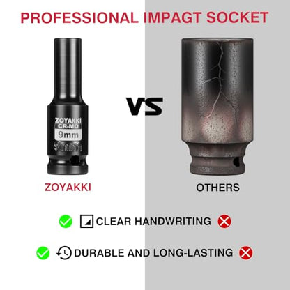 9mm Socket 1/2" Drive Deep 6 Pt CR-MO Metric Impact Socket for Axle Shaft Nut Removal - size: 9mm, style: 1/2" Drive Deep