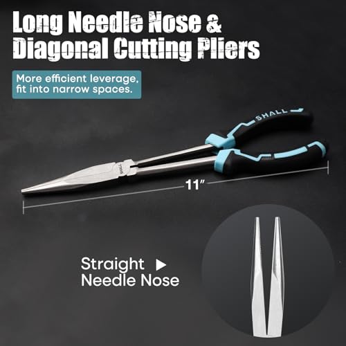 SHALL 3 PCS Long Needle Nose Pliers Set, 11" Long Nose Plier, 90° & 45° Bent Nose Pliers, Roll Up Storage Pouch Included, Two-Color TPR Handle, for Car Repair/House Work
