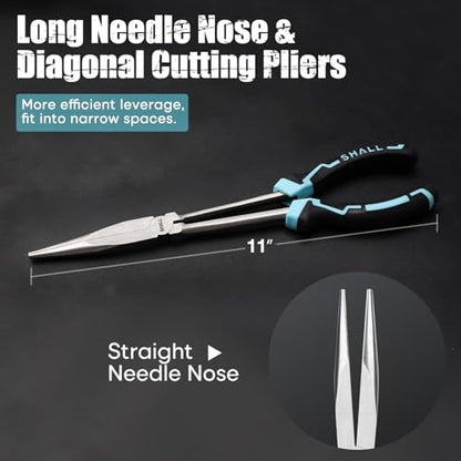SHALL 3 PCS Long Needle Nose Pliers Set, 11" Long Nose Plier, 90° & 45° Bent Nose Pliers, Roll Up Storage Pouch Included, Two-Color TPR Handle, for Car Repair/House Work