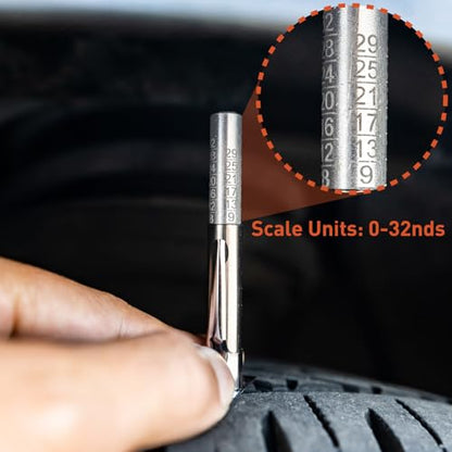 RockTrix - Tire Tread Depth Gauge - Provides Readings in 32nds - Stainless Steel Barrel and Aluminum Indicator Bar | Precise 32nds Measurement Tool. Aluminum Indicator Bar for Cars, Trucks, SUVs & Motorcycles. DIY Manual Tire Wear Gauge.