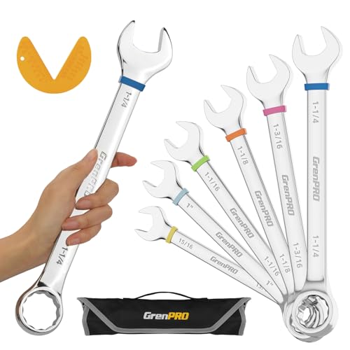 GRENPRO Large Wrench Set, SAE Wrench Set With Color Ring, 7PCS 15/16", 1", 1-1/16", 1-1/8", 1-3/16", 1-1/4" Long Big Open End Wrench Tools Set Roll Up Pouch Organizer, 12 PT Combination Wrenches Sets - style: SAE Wrench Set Large With Color Ring