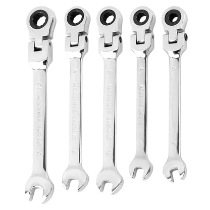 5pcs Flex Head Ratcheting Wrench Set, Metric 6-10mm Spanner Gear Ring Ratcheting Combination Wrenches Kit, 180° Head, 72 Tooth, Box End and Open End Wrench for Tight Spaces(Silver)