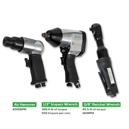 DYNAMIC POWER 50 Pieces Air Tool Kit. 1-1/2'' Impact Wrench, 1-3/8'' Ratchet Wrench, 5-Air Hammer w/Chisels, and other great tool accessories. D-W3-50K