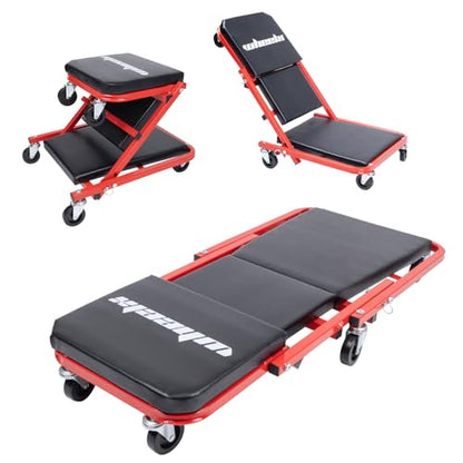 Mechanic Creeper 36-inch 3-in-1 Mode Z Seat 340lbs Capacity, Foldable Garage Adjustable Rolling Folding with 6pcs Wheels Roller, Lay Down Sit Lean Back, Under Car Auto Repair (Red Frame) - color: Red