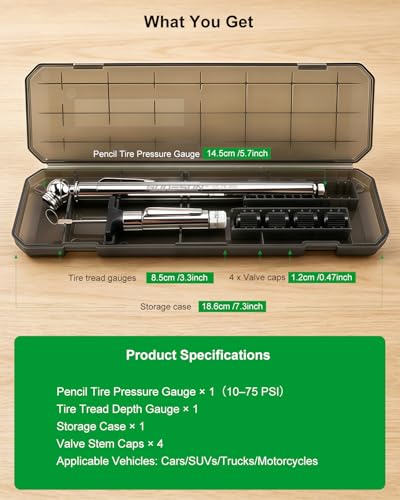 GODESON Tire Tread Depth Gauge & Pencil Tire Pressure Gauge 10-75 PSI, Calibrated to ANSI B40.1 Grade B(±2%), Color-Coded Tread Indicator, 4 Valve Caps & Storage Case, Tire Safety Kit for Cars, SUVs