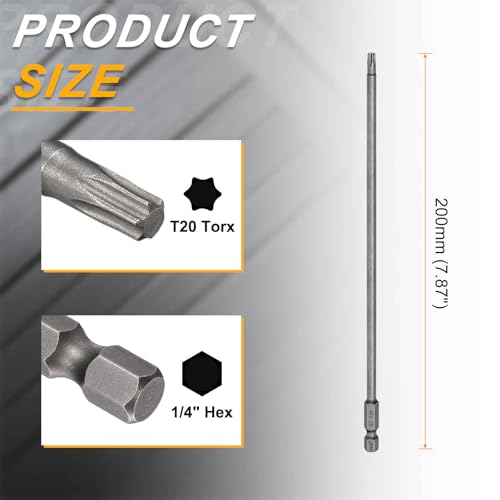HARFINGTON 10pcs T20 Torx Head Screwdriver Bit 1/4" Hex Shank 7.87" (200mm) Long Magnetic No Hole Tip Tamper Proof 6 Point Star Screw Driver Drill Bits S2 Steel Industrial Power Screwdrivers - size: T20 x 7.87"