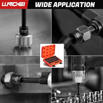 LLNDEI 30PCS 1/4-3/4 SAE/Metric, 3/8 Drive Low Profile Impact Hex Driver Set, 6-19mm, with E-torx Bit Socket Set E8-E20, Square Bit Socket, U-Joint Extension Bar, Cr-Mo, Storage Case