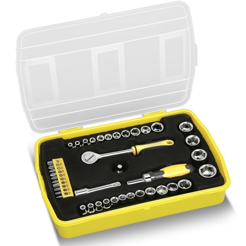 Auto Dynasty Tool Kit for Home 40Pcs, Home Repair Tool with Magnetic Screwdriver Socket and Ratchet Screwdriver Tool Set, All in One Plastic Storage Case for Garage, Warehouse, Auto Repair (Yellow) - color: Yellow, size: 41 Pcs