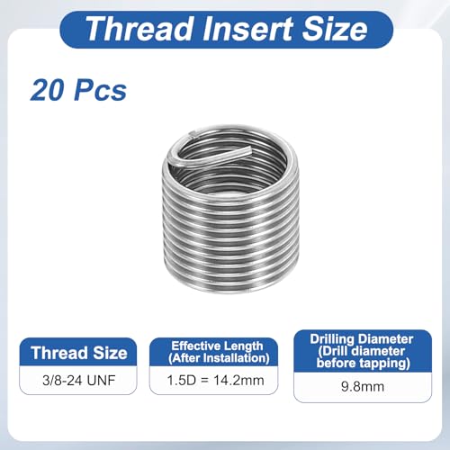 PATIKIL Wire Thread Inserts 3/8-24 UNF 1.5D 14.2mm, 20Pcs 304 Stainless Steel Helical Coiled Wire Screw Threaded Sleeve Sheath for Mechanical Equipment Automotive Repairs - size: 3/8-24 UNF, 14.2mm