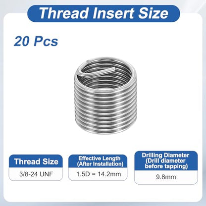 PATIKIL Wire Thread Inserts 3/8-24 UNF 1.5D 14.2mm, 20Pcs 304 Stainless Steel Helical Coiled Wire Screw Threaded Sleeve Sheath for Mechanical Equipment Automotive Repairs - size: 3/8-24 UNF, 14.2mm