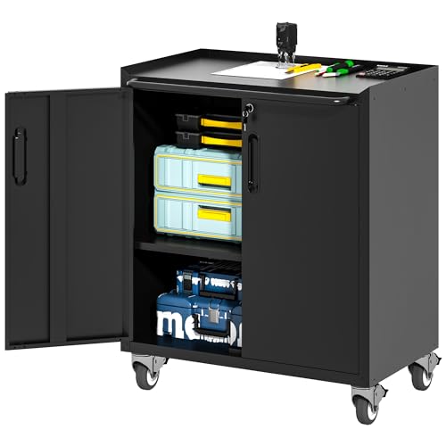 Metal Tool Storage Cabinet for Garage,Mobile Heavy Duty Garage Tool Chests & Cabinets with Lockable Doors,Black Rolling Tool Cabinets with Wheels,Assembly Required - color: Black, style: 2 doors with wheels