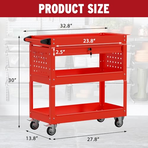 3 Tier Rolling Cart, Heavy Duty Utility Industrial Service Carts on Wheels, Metal Tool Cart with Locked Drawers, Ideal for Garage, Warehouse and Repair Shop (Red) - color: Red