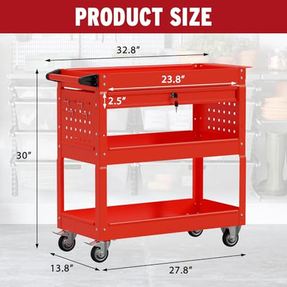 3 Tier Rolling Cart, Heavy Duty Utility Industrial Service Carts on Wheels, Metal Tool Cart with Locked Drawers, Ideal for Garage, Warehouse and Repair Shop (Red) - color: Red
