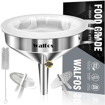 Stainless Steel Funnel, Walfos Kitchen Funnel with 2 Removable Strainer ＆ 1Pc Cleaning Brush, Perfect for Transferring of Liquid, Oils, Jam, Dry Ingredients & Powder (Big, 4.9") - color: 1pcs funnel 4.9 inch