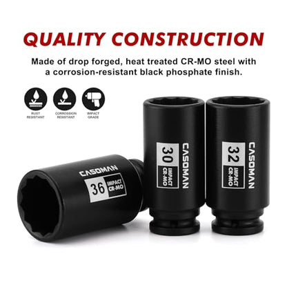 CASOMAN 1/2-Inch Drive Deep Spindle Axle Nut Impact Socket Set,12 Point Metric, CR-MO, 30,32,34,36mm, 4-Piece 1/2" Heavy Duty Impact Socket Set - size: 4pcs