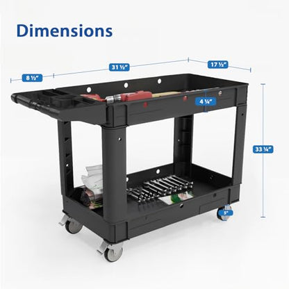 Our Modern Space Commercial Grade 2 Shelf Utility Cart with Wheels - Rolling Tool Trolley, Heavy Duty Service Push Cart for Business Warehouse Office Restaurants Ecommerce Garage