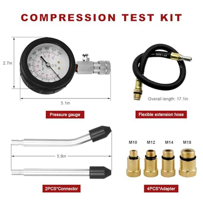 Petrol Engine Cylinder Compression Tester Kit, 0-300 PSI Auto Small Engine Compression Tester Set, Professional Cylinder Pressure Gauge w/Adapters for Car Motorcycle