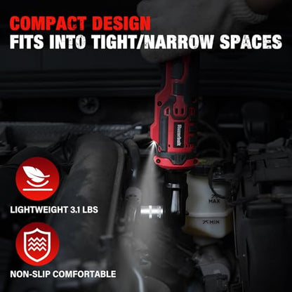 20V Cordless Ratchet Wrench 3/8" Set, 88 Ft-lbs(120N.m), 500 RPM, Electric Ratchet Wrench with 2PCS 2000mAh Batteries, Variable Speed, LED Light, 5 Sockets, 1/2" Adapter, 3" Extension Bar