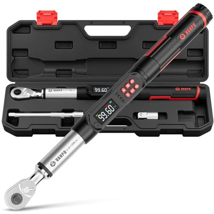 VANPO Digital Torque Wrench 3/8 Inch Drive, 5–99.6 Ft-Lb, for Automotive | High Contrast Backlit LCD, Fast-Adjust Control, Vibration, Buzzer, LED Alert, Electric Torque Wrench for Motorcycle & Bike - size: 3/8-inch 5-99.6 Ft-lb/6.8-135 Nm (Long)