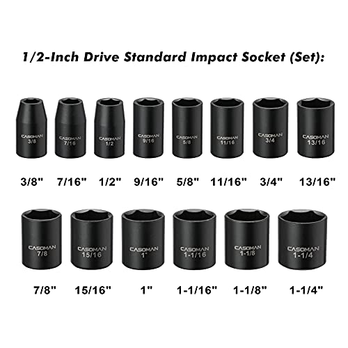 CASOMAN 14 Pieces 1/2-Inch Drive Shallow Impact Socket Set, 6-Point, SAE, 3/8" to 1-1/4" - size: SHALLOW(CR-V)