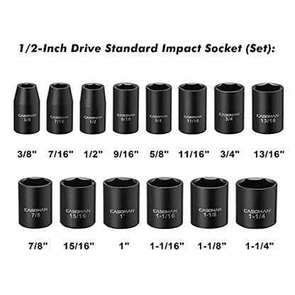 CASOMAN 14 Pieces 1/2-Inch Drive Shallow Impact Socket Set, 6-Point, SAE, 3/8" to 1-1/4" - size: SHALLOW(CR-V)