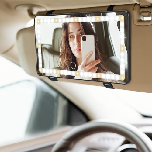 JOYTUTUS Car Sun Visor Vanity Mirror with Lights, 3 Light Modes & 60 LEDs, Rechargeable Dimmable Touch Control Travel Makeup Mirror for Truck SUV - color: Black