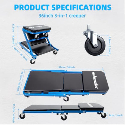 Mechanic Creeper 36 inches 3-in-1 Mode Z Seat 340lbs Capacity, Foldable Garage Adjustable Rolling Folding with 6pcs Wheels Roller, Lay Down Sit Lean Back, Under Car Auto Repair, Blue, Man Gift - color: Blue