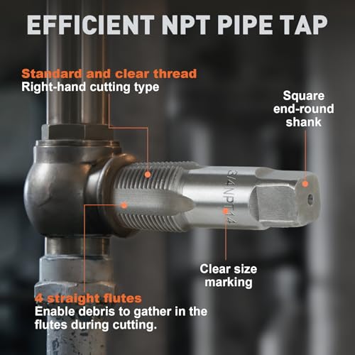 6-Piece NPT Pipe Tap Set, 1", 3/4", 1/2", 3/8", 1/4", 1/8" Taps Threading Tool, Precision Bearing Steel Tap Set Metric and Standard for Clean and Re-Thread Damaged or Jam Pipe Threads in Storage Case