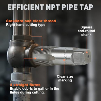 6-Piece NPT Pipe Tap Set, 1", 3/4", 1/2", 3/8", 1/4", 1/8" Taps Threading Tool, Precision Bearing Steel Tap Set Metric and Standard for Clean and Re-Thread Damaged or Jam Pipe Threads in Storage Case