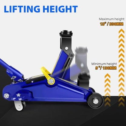 1.5 Ton Low Profile, Aluminum and Steel Racing Floor Jack with Dual Pistons Quick Lift Pump for Sport Utility Vehicle, Lifting Range 3" min to 13" max, Net Weight 14 lb, Blue