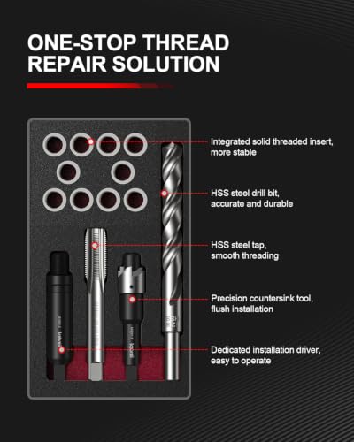 Kolvoii M12 X 1.5 Metric Thread Repair Kit with HSS Drill Bit, Tap, Counterbore and Installation Tool, 10 Solid 304 Stainless Steel Thread Inserts, 9.2mm Length, for Automotive and DIY Repairs - size: M12x1.5x9.2mm