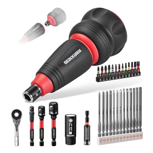 Geinxurn 33Pieces Impact Magnetic Screwdriver Set Include Stubby 2in1 Rachet Screwdriver Handle, Mini Ratchet Socket Wrench, Universal Socket,Bit Holder and Square Adapter for Repair & Outdoor Work - style: 33pcs