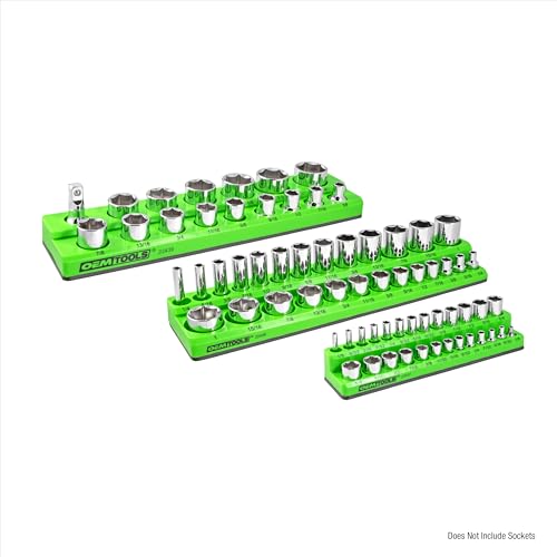 OEMTOOLS 22485 3-Pc Magnetic Socket Organizer, SAE Magnetic Socket Holder, Socket Holders for 68 Deep and Shallow Sockets, Socket Holders 1/4, 3/8, 1/2 Inch Sizes - style: 3Pc Green