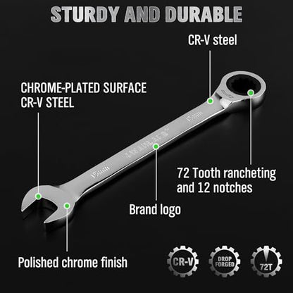 24-Piece Combination Ratchet Wrench Set, Metric (6-18mm) & SAE (1/4''-3/4'') Wrenches Set, 12-Point 72-Tooth Ratchet Spanners with Magnetic Base Organizer, Chrome Vanadium Steel for Auto Mechanic Tool - style: Ratchet Metric & SAE