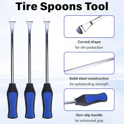 12.2 Inch Tire Spoons, Dirt Bike Tire Changing Tools, Tire Changing Kit, Tire Removal Tool, with Rim Protector, Valve Tool, Valve Cores and Caps, for Motorcycle/Lawn Mower/Tractor/Bicycle (Blue) | Tire Removal Tool, with Rim Protector, Valve Tool, Valve C