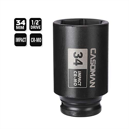 CASOMAN 1/2" Drive x 34 mm Deep 6 PT Impact Socket, CR-MO, 1/2-inch Drive 6 Point Axle Nut Socket for Easy Removal of Axle Shaft Nuts (34MM) - size: 34 mm (Deep), style: 6-Point Socket
