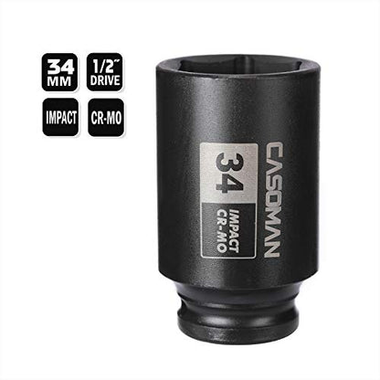 CASOMAN 1/2" Drive x 34 mm Deep 6 PT Impact Socket, CR-MO, 1/2-inch Drive 6 Point Axle Nut Socket for Easy Removal of Axle Shaft Nuts (34MM) - size: 34 mm (Deep), style: 6-Point Socket