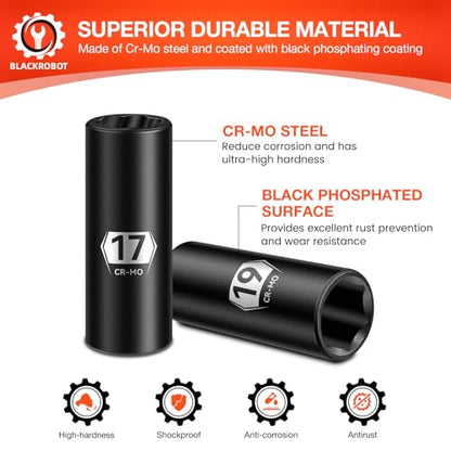 BLACKROBOT 5-Piece 1/2" Drive Lug Nut Removal Tool, 6 Point & Twist Lug Nut Extractor, Impact Flip Socket Set (17mm, 19mm, 21mm, 22mm) with 3" Extension Bar, CR-MO Steel