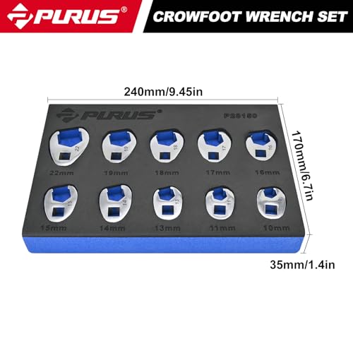 PURUS 10-Piece Metric 3/8" Drive Flare Nut Crowfoot Wrench Set (10-22mm), Innovative 5-Point Full-Contour Design for Tight Automotive & Plumbing Spaces, Custom Tool-Tray EVA Foam Organizer Included