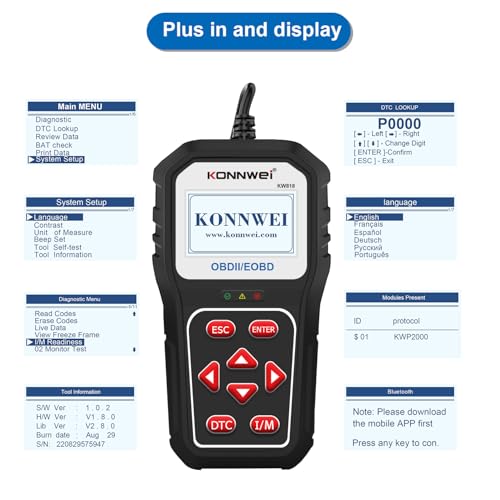 KONNWEI KW818 OBD2 Scanner, Car Diagnostic Tool, Bluetooth Code Reader, Check Engine Light Reset, Full OBDII/EOBD Functions, Real-Time Live Data, Fault Code Reader,DTC Lookup & Clear for All Vehicles