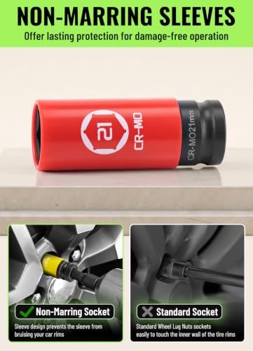 3-Piece Thin Wall Impact Lug Nut Socket Set 1/2" Drive | Non-Marring CR-MO Steel, Permanent Sleeves, 17mm 19mm 21mm Metric for Aftermarket Alloy Wheels with Storage Case