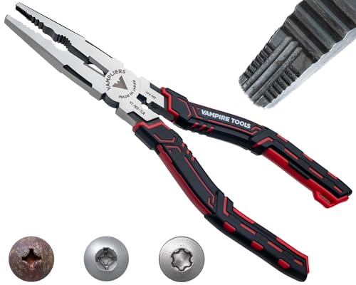 VAMPLIERS CAIMAN 7.5" Stripped Screw Extractor Needle Nose Pliers. Made in Japan. Multipurpose Long Nose Screw Removal Plier with Wire Cutter & Crimper - style: NEW 7.5" Long Nose Plier