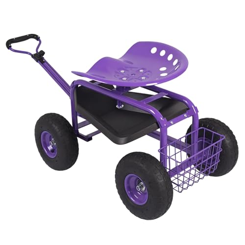 Kinfant Garden Cart Rolling Workseat – Gardening Stool with Wheels for Planting, Wagon Scooter with Steering Handle & Utility Tool Tray, 360° Swivel Seat, for Patio, Yard & Outdoors Purple - color: Purple