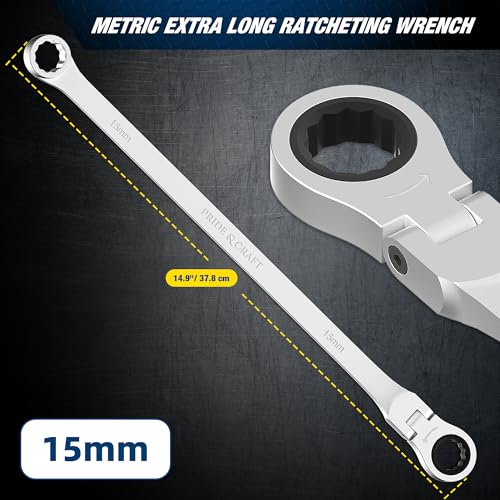 PRIDE&CRAFT Extra Long Ratcheting Wrench 15mm, Metric Flex Head Double Box End, 2X Longer Wrenches, Chrome Vanadium Steel with 90-Tooth Ratchet for Automotive Repair - size: 15mm