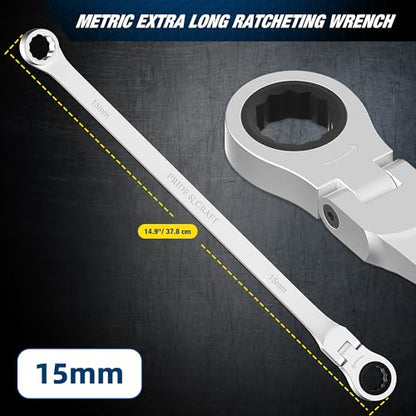 PRIDE&CRAFT Extra Long Ratcheting Wrench 15mm, Metric Flex Head Double Box End, 2X Longer Wrenches, Chrome Vanadium Steel with 90-Tooth Ratchet for Automotive Repair - size: 15mm