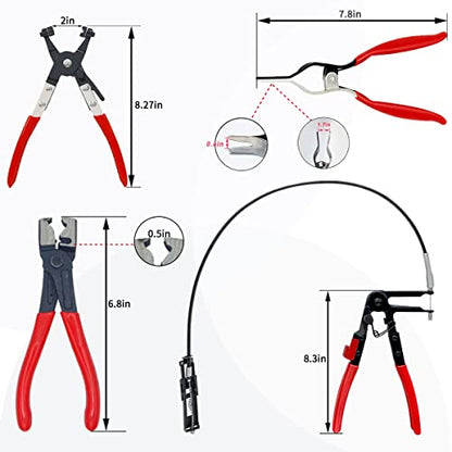 4PCS Hose Clamp Pliers, Spring Clamp Plier, Self-Tightening Hose Clamps Remover Tool, Long Reach Wire Spring Hose Clamp Pliers for Automotive Fuel Oil Water Hose, Coolant Radiator Heater