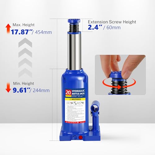 20T Hydraulic Bottle Jack, 40,000 lbs, with Tire Kit | Heavy-duty jack for trucks & industrial use. 9.61"-17.87" lift. Sturdy carry handle. - color: 20 Ton Basic with Tire Repair Kit