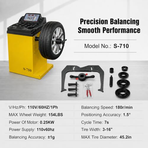 Wheel Balancer Machine, 10-24" Rim, Manual Input, Dynamic/Static/ALU/Motorcycle Modes, 0.25KW Pure Copper Motor, 110V for Garage Workshop Tire Repair (±1g Accuracy)