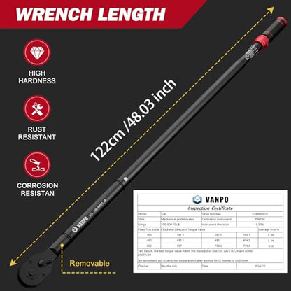 VANPO 3/4-inch Drive Click Torque Wrench, 100-800Ft-Lb, for Car, Truck | 135.5-1084Nm,48.03'' Length, Dual-Direction,48-Tooth, Heavy Duty Torque Wrench Set with a Hex Key for Tractor - size: 3/4-Inch(100-800Ft-Lb/135.5-1084Nm)