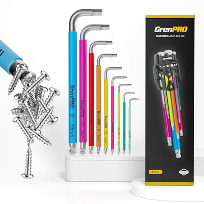 GRENPRO Allen Wrenches Sets, Hex Key Set, 9pcs Allan Wrench Sets Metric And Standard, Bike Wrench Tools Organizer With Color Coded, Long Alen Alan Keys sets, Large Mini Small Ball End Allen Wrench Set - style: 9 Pieces Allen Wrenches Sets Metric